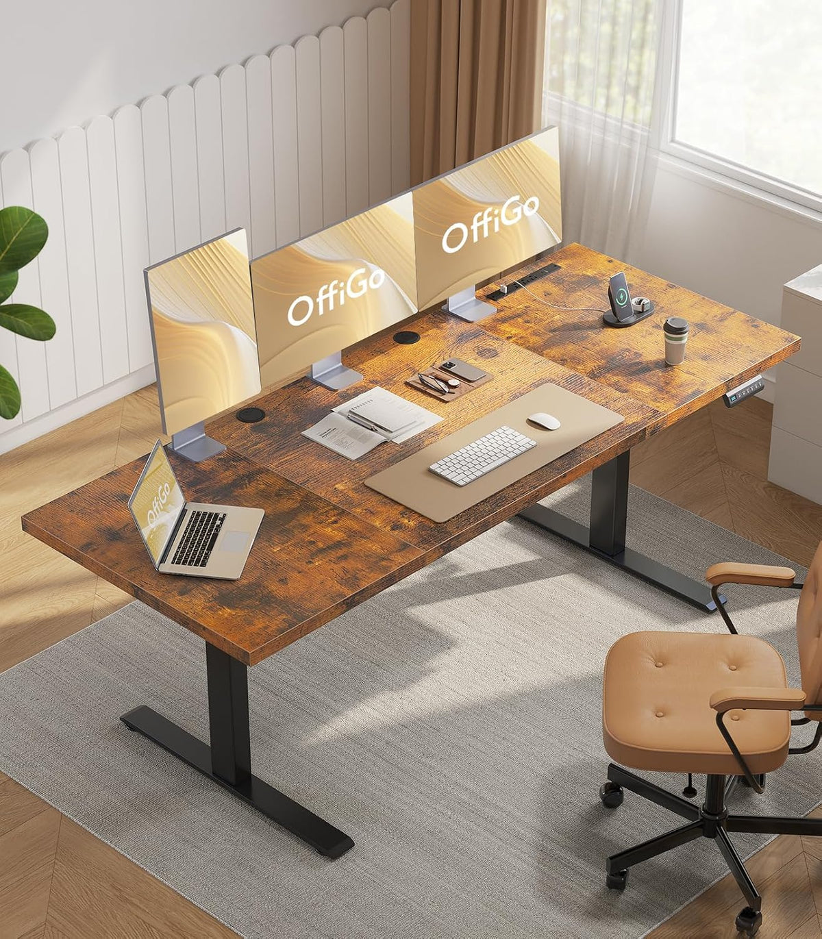 OffiGo 79 Inch Executive Electric Standing Desk, Height Adjustable Desk with Power Outlet & 1.38' Thick 3-Piece Desktop, Sit Stand Computer Desk for Home, Office, Conference Room, Rustic Brown