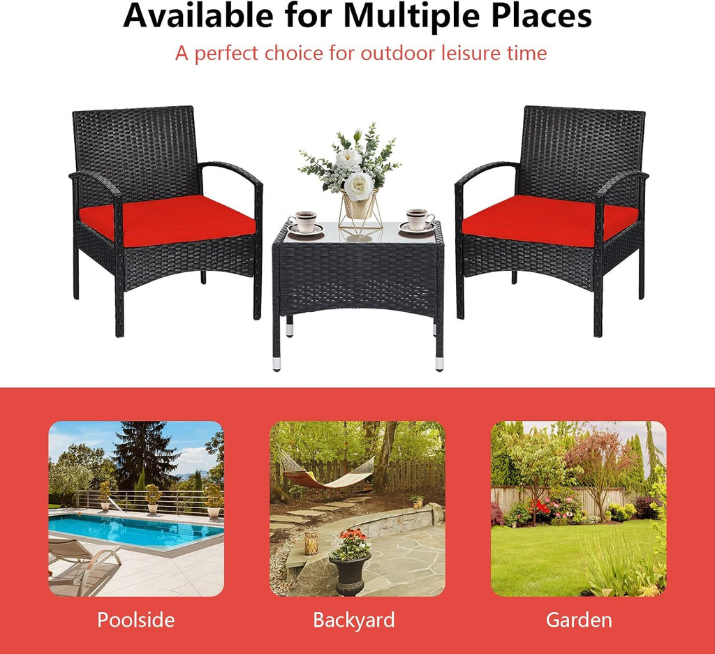 RELAX4LIFE 3-Piece Patio Furniture Set - Rattan Conversation Set, Wicker Bistro Set w/2 Chairs, Glass Coffee Table, Steel Frame, Outdoor Chairs Set for Yard Balcony, Front Porch Furniture (Red)