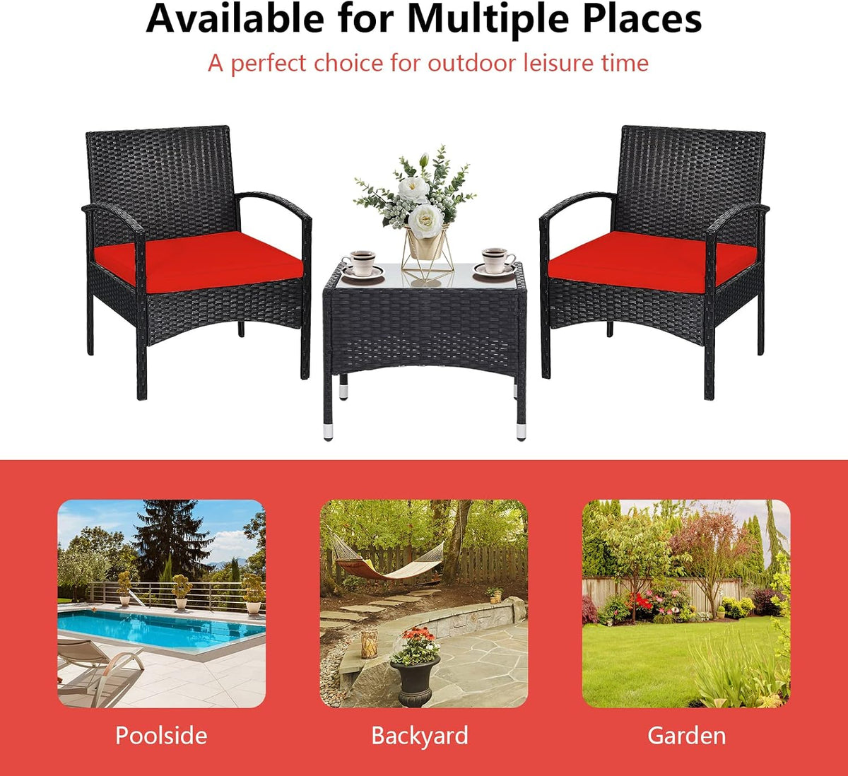 RELAX4LIFE 3-Piece Patio Furniture Set - Rattan Conversation Set, Wicker Bistro Set w/2 Chairs, Glass Coffee Table, Steel Frame, Outdoor Chairs Set for Yard Balcony, Front Porch Furniture (Red)