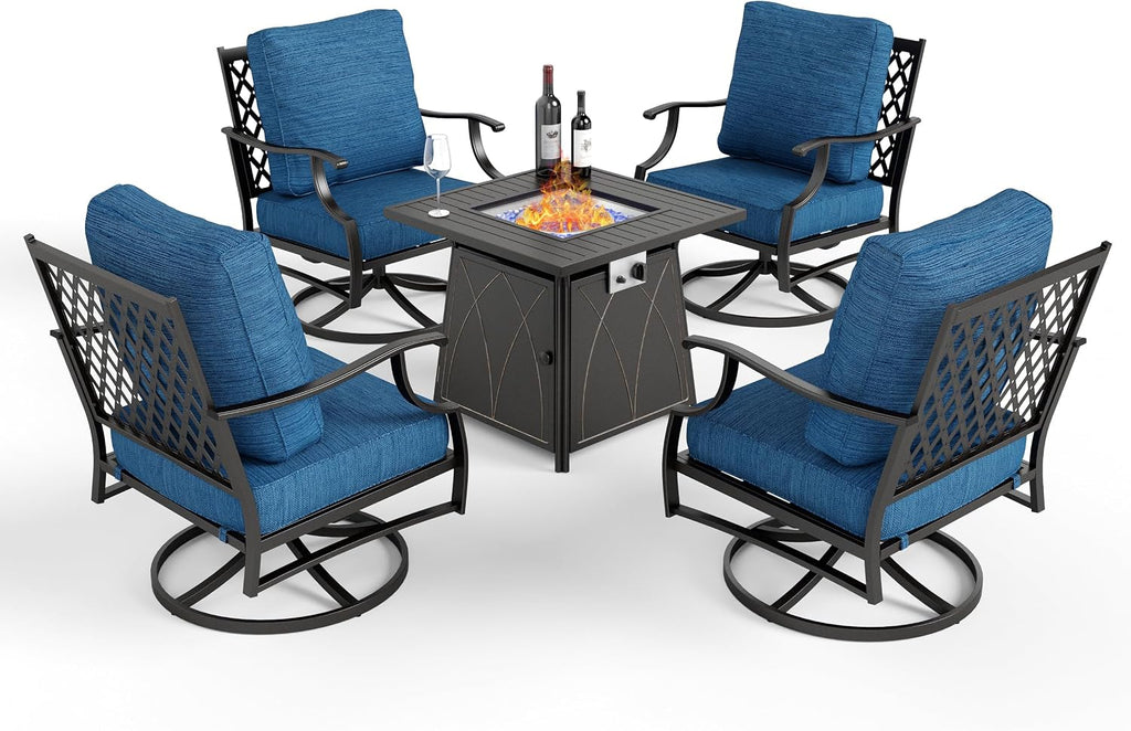 MIXPATIO Patio Furniture Set with Fire Pit Table, 5 Pcs Metal Outdoor Conversation Set, 4 Swivel Chairs with 5.75' Extra Thick Cushion and 28' Fire Pit Table for Backyard Deck, Green Blue