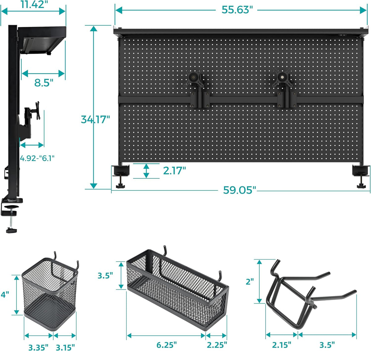 EUREKA ERGONOMIC Desk Pegboard with Dual Monitor Stands, LED Metal Pegboard for Gaming Desk, Privacy Panel with 4 Accessories Modular Hanging, Computer Accessories for Office, 59 x 34 Inch, Black