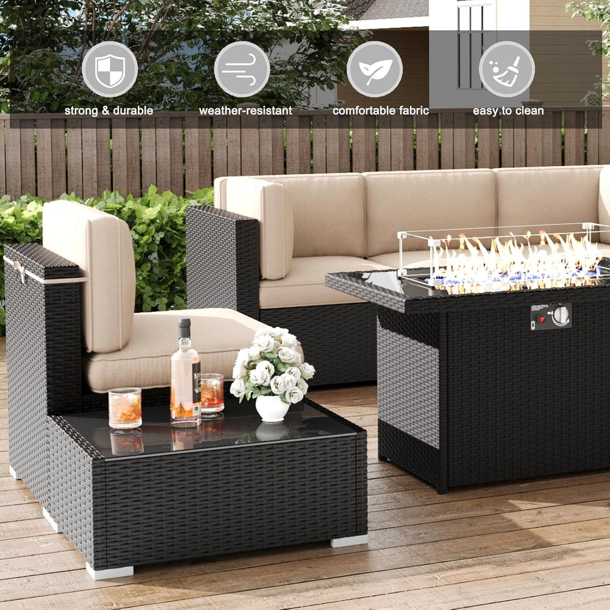 LayinSun 8 Pieces Patio Furniture Set with Fire Pit Table, Black Rattan Modular Sectional Patio Conversation Sofa Set