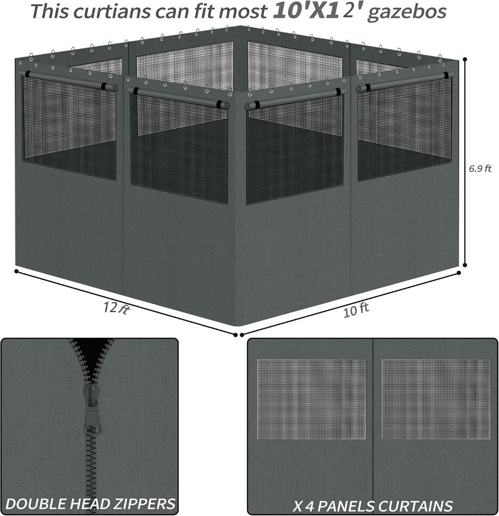 Gazebo Privacy Curtains 10' x 12' with Mosquito Windows, 4-Panels Side Wall with Zipper Universal Replacement for Patio, Outdoor Canopy, Garden and Backyard, Gray (Curtain Only)