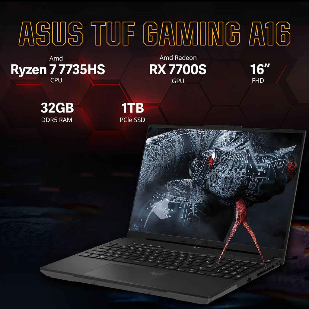 asus TUF A16 16'' FHD 165Hz Gaming Laptop, AMD Ryzen 7-7735HS, Radeon RX7600S V8G Graphics, 32GB DDR5 RAM, 1TB PCIe SSD, RGB Backlit Keyboard, Wi-Fi 6, HD Camera, Black, Win 11 Pro, 32GB USB Card