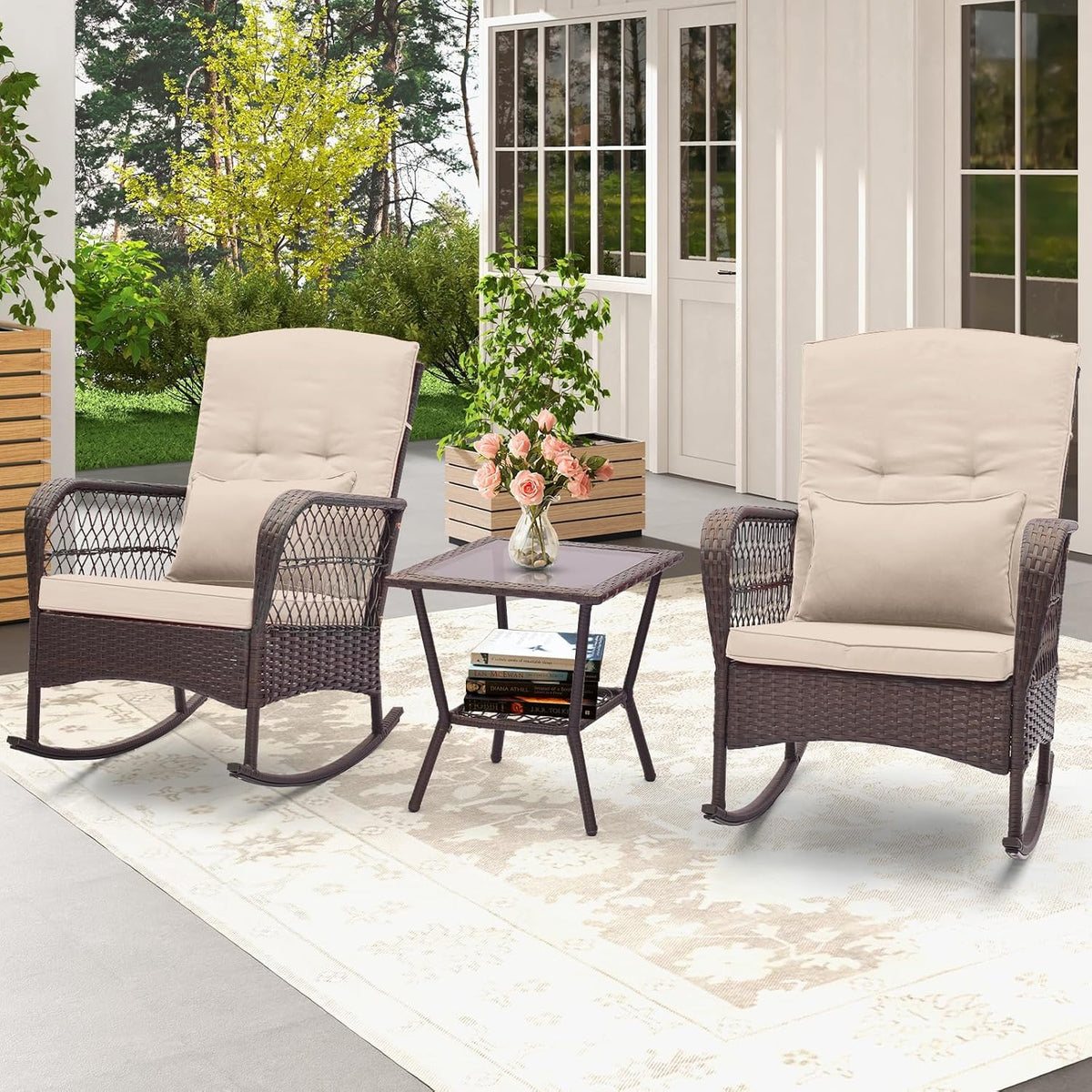 ORALNER 3 Pieces Patio Furniture Wicker Rocker Set, Outdoor Rocking Chairs with Cushions, Pillows, Glass Coffee Table, Rattan Bistro Set for Balcony Front Porch Poolside Garden Deck (Beige)