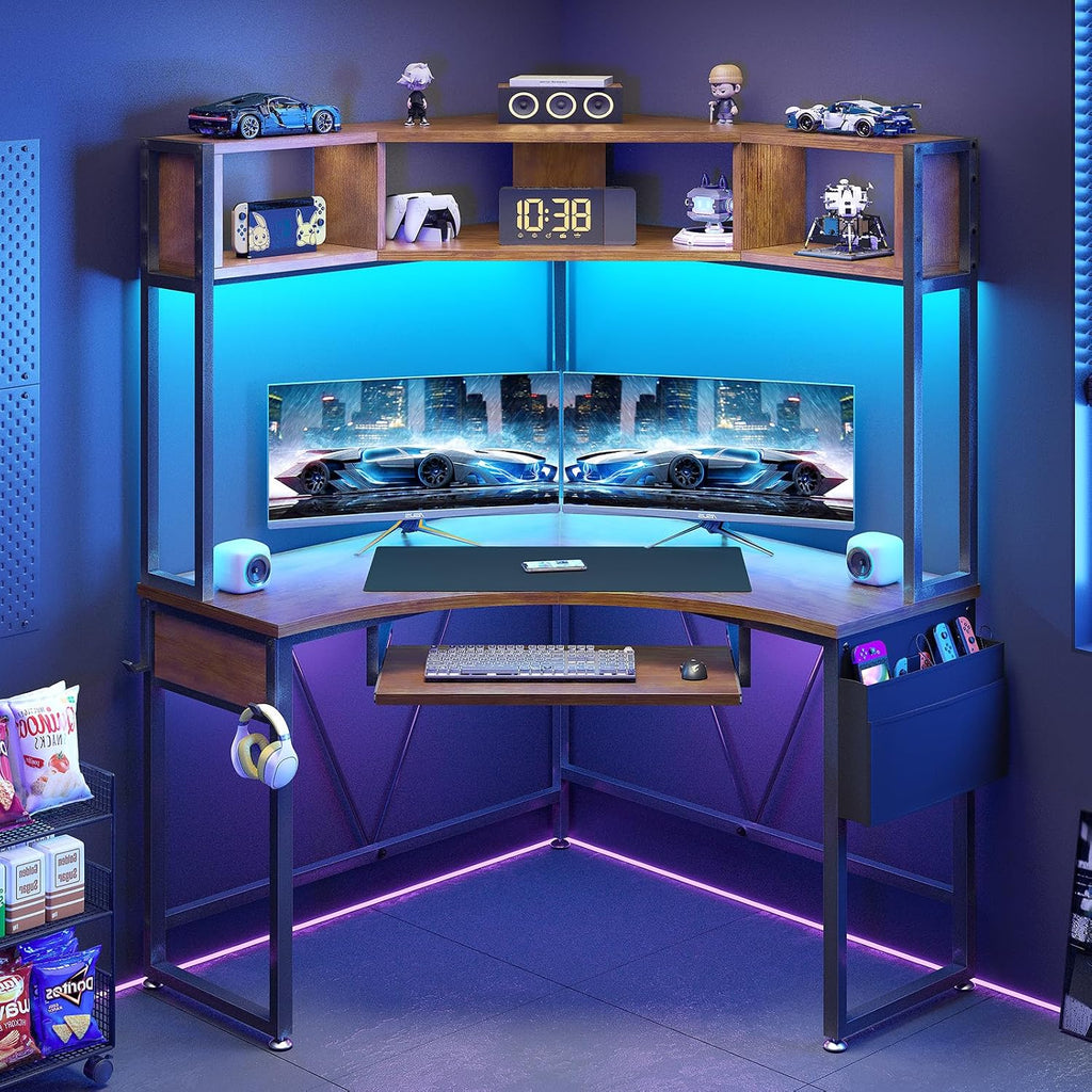 SEDETA Corner Desk, 39' W x 62' H Small Office Desk with Hutch & LED Lights, Triangle Gaming Computer Desk with Keyboard Tray, Storage Bag, and Headphone Hook for Small Space, Rustic Brown