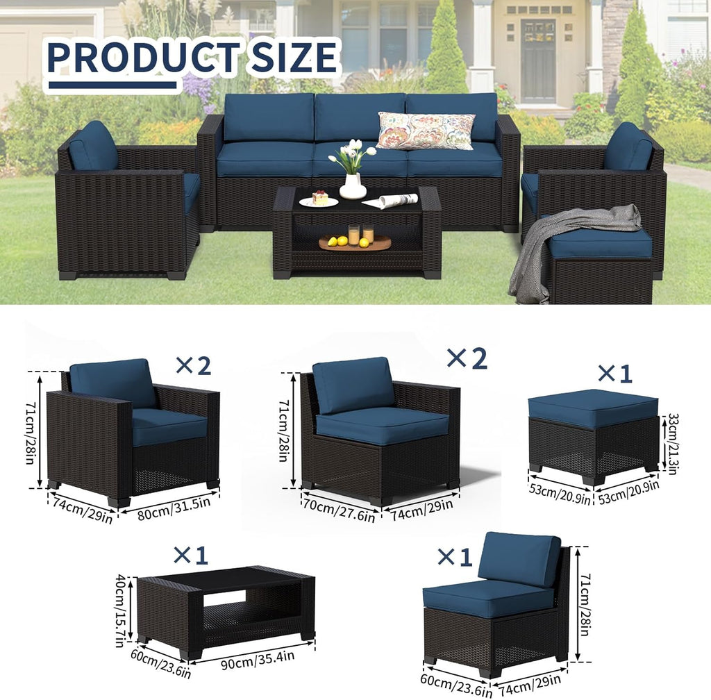 SHGJ&SOFT 7 Piece Patio Furniture Set, Wicker Outdoor Sectional Sofa with Washable Cushion Covers and Tempered Glass Table, Rattan Conversation Set for Poolside