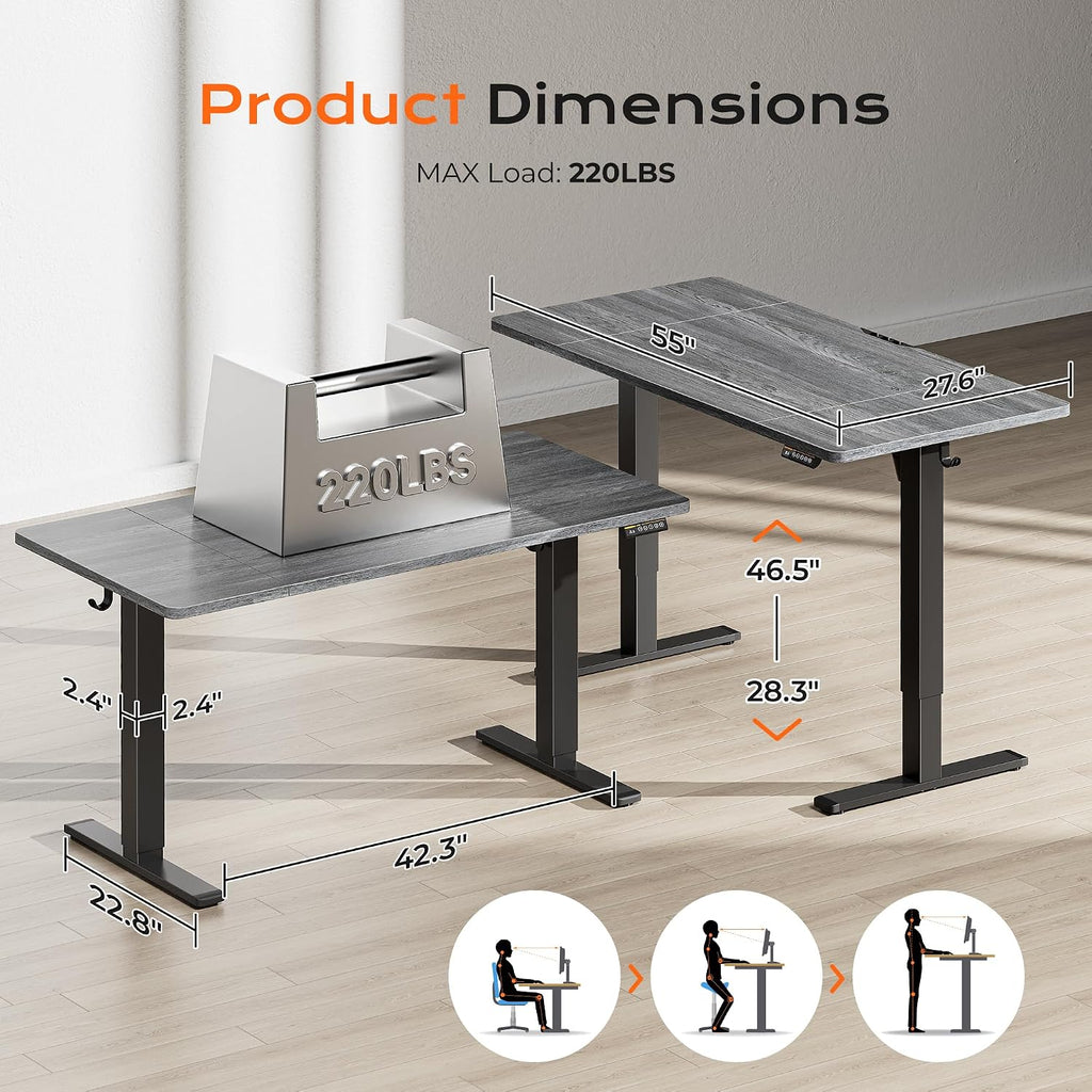 Huuger 55 x 28 Large Electric Standing Desk, Height Adjustable Desk, 27.6' Deep Desktop, Stand up Gaming Computer Office Desk with 2 Hooks, 3 Preset Heights, for Home Office, Grey
