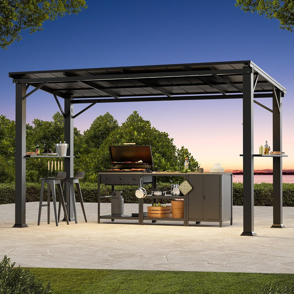 Covered Outdoor Grill Gazebo 6'x12'with Side Shelf, Outdoor Hardtop Gazebo with Bottle Opener & Hooks, Grill Canopy with Sturdy Rustproof Design for Backyard, Garden, Patio,Black