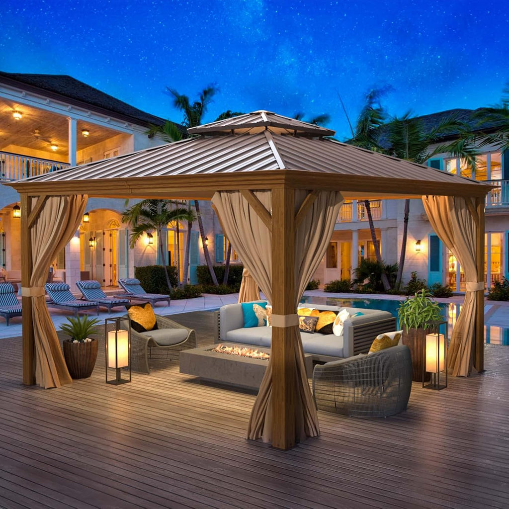 EROMMY 12'x12' Hardtop Gazebo, Wood Grain Aluminum Frame Outdoor Gazebo with Double Galvanized Steel Roof, Permanent Metal Pavilion with Curtains and Nettings for Patio, Backyard, Deck and Lawns