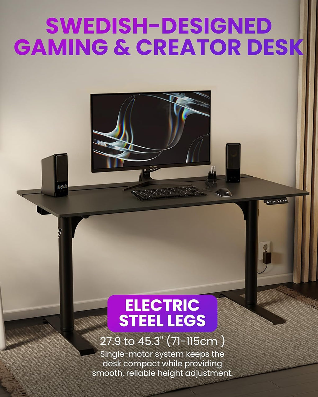 Arozzi Arena Nordico Gamer Desk – 55x27.6' Electric Standing Table – PC Gaming Desk with Storage for Cables - Dual Cable Baskets, Split Tabletop, Monitor Arm Friendly - Black