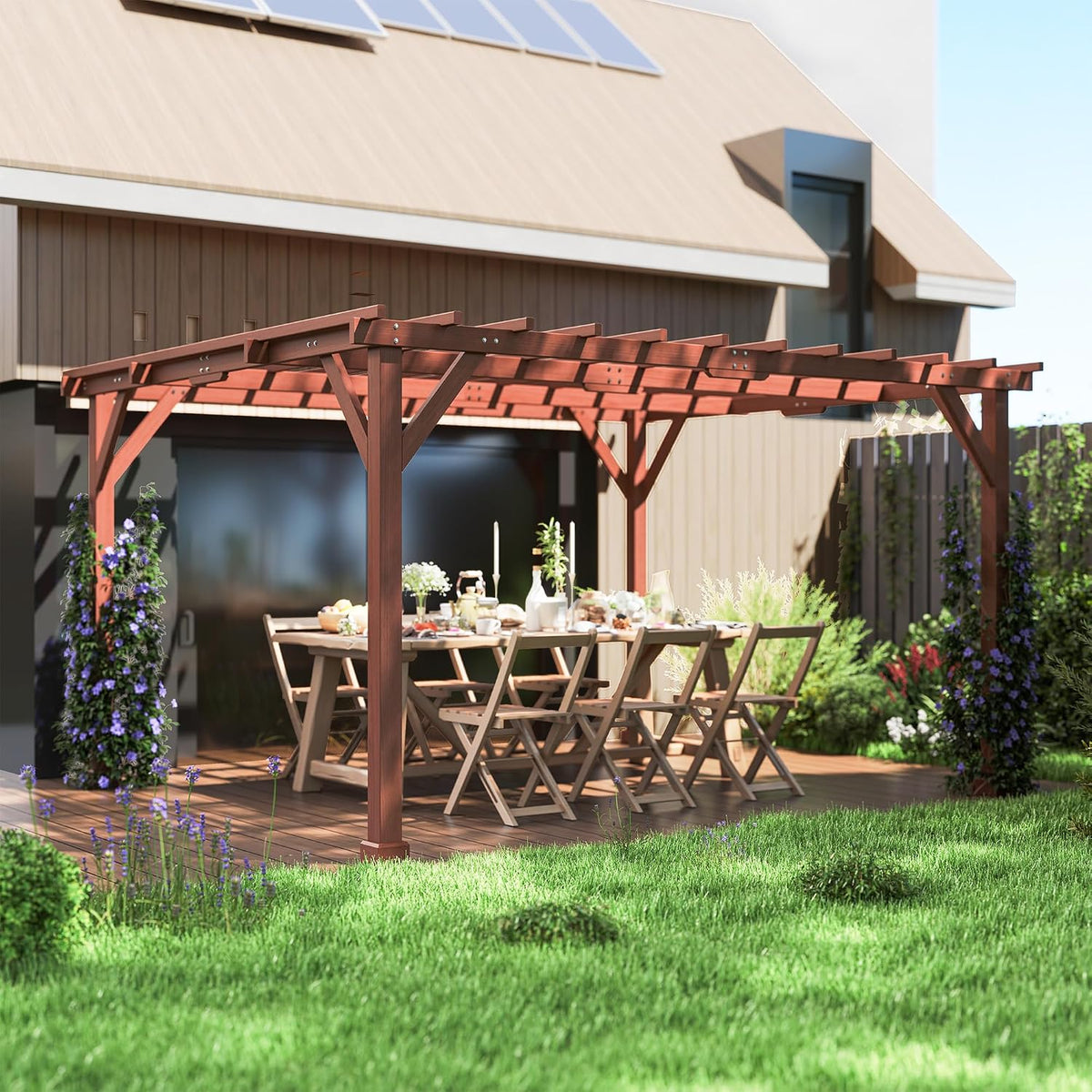 Outsunny 11' x 12.5' Outdoor Wood Pergola with Grape Trellis with Stable Structure for Climbing Plant Support for Patio, Deck, Backyard, Lawn, Brown