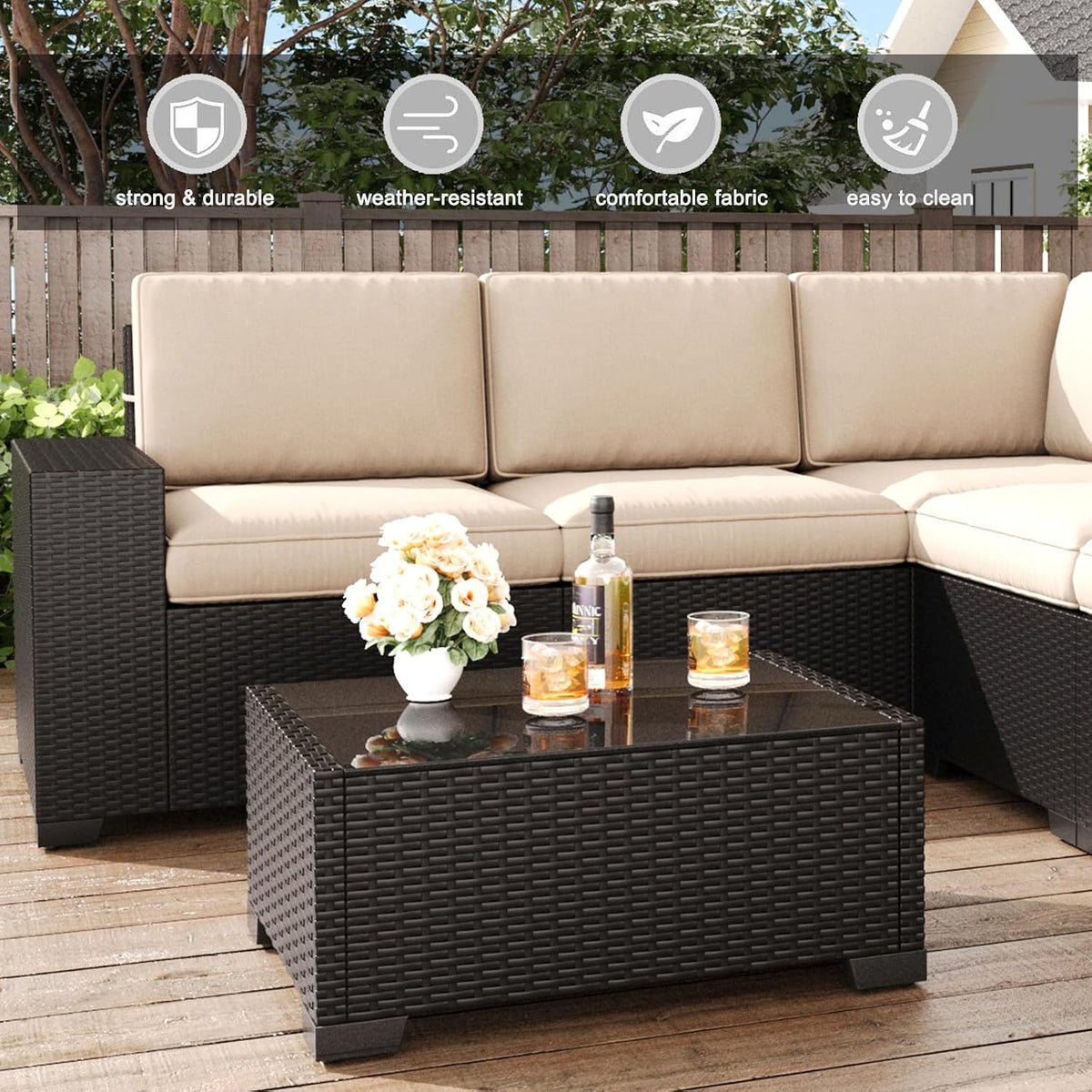 LayinSun 6 Pieces Patio Furniture Set, Black Rattan Modular Sectional Outdoor Conversation Sofa Set