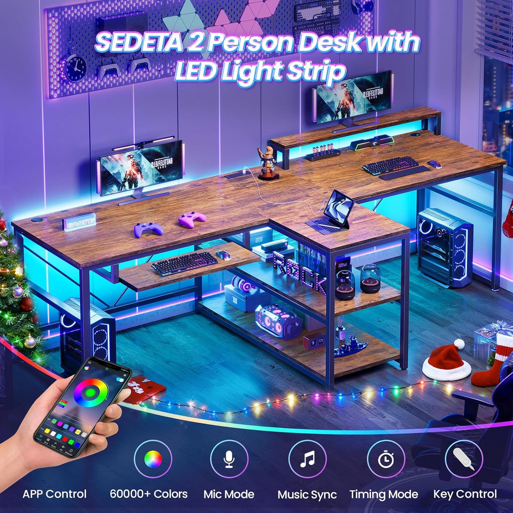 SEDETA 94.5' Home Office Desks, Computer Gaming Desk with Storage, LED Lights, Power Strip with USB, Keyboard Tray & Monitor Stand, Extra Long Double Desk for 2 Person, Rustic Brown