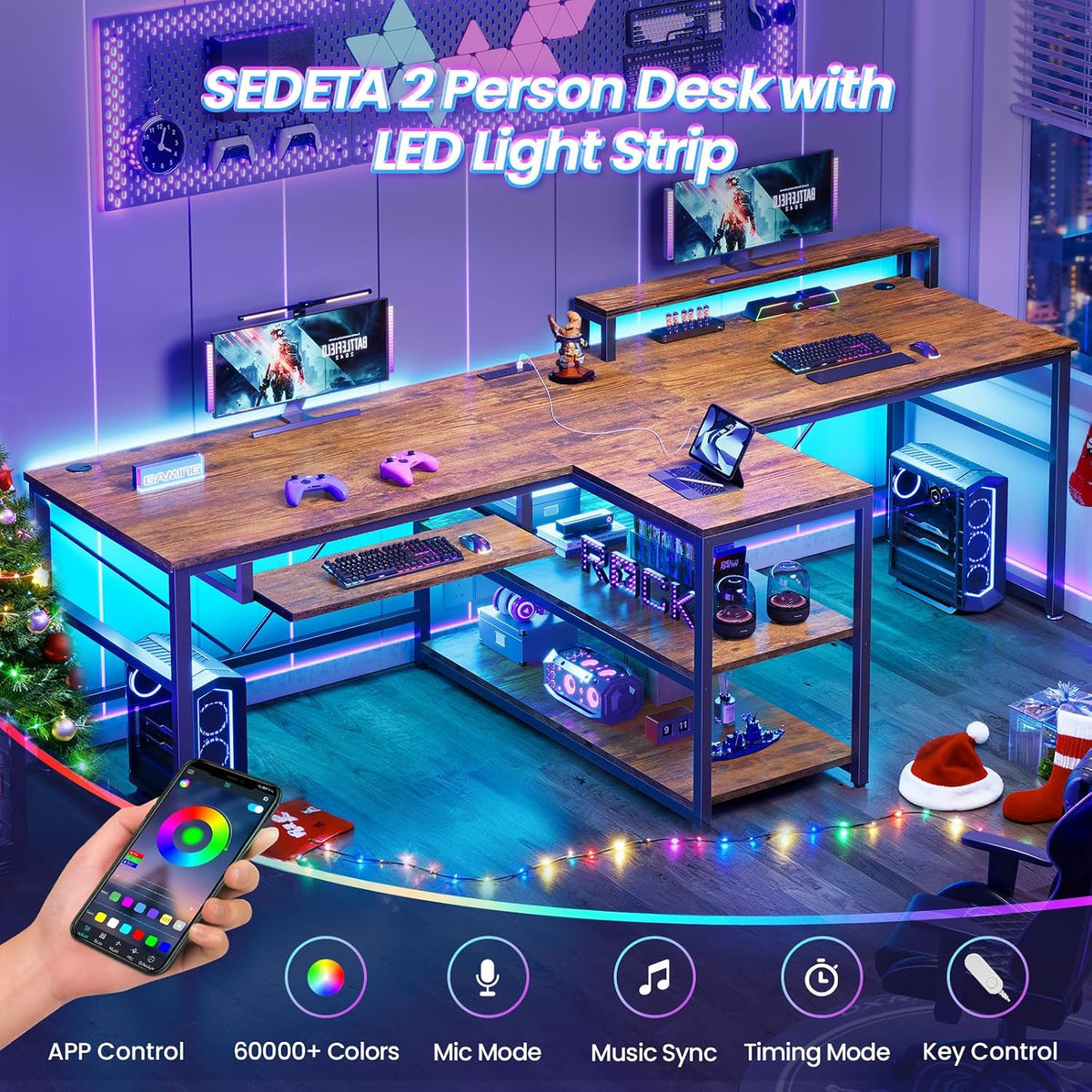 SEDETA 94.5' Home Office Desks, Computer Gaming Desk with Storage, LED Lights, Power Strip with USB, Keyboard Tray & Monitor Stand, Extra Long Double Desk for 2 Person, Rustic Brown
