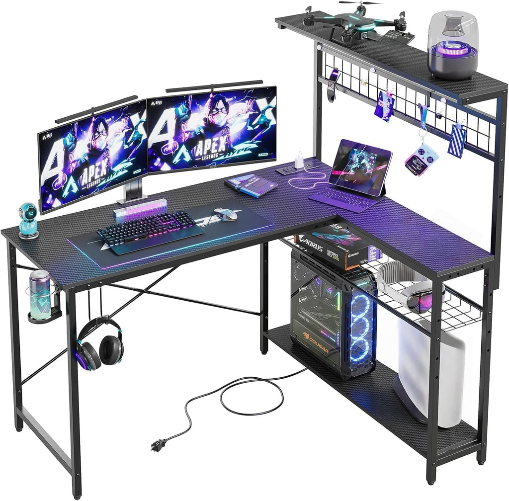 Bestier Gaming Desk 51' L-Shaped, with Power Outlets & LED Lights- 4 Tier Shelves, Reversible Gamer Table with Hooks & Cup Holder for Home Office Carbon Fiber Black