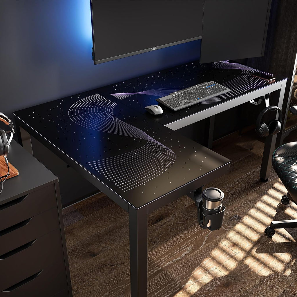 EUREKA ERGONOMIC GTG L Shaped Gaming Desk with LED Glass, Light Side