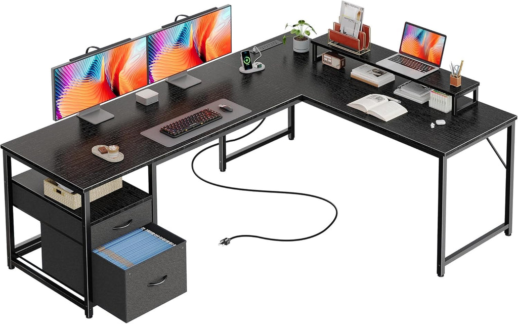 PRAISUN 63 Inch L Shaped Desk with Power Outlets and USB-C Port, Computer Corner Home Office Desk with File Fabric Drawers and Movable Monitor Stand, Larger Storage, Gaming, Writing, Work, Black