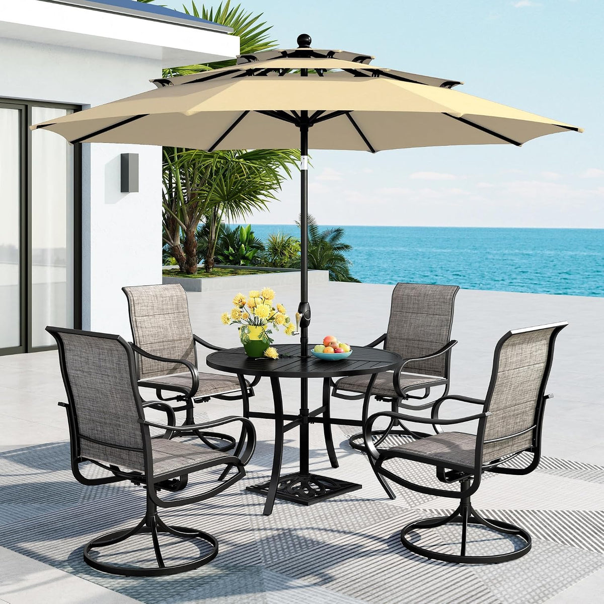 MFSTUDIO Patio Dining Set for 4, Outdoor Furniture Set with Beige Umbrella (Base not Included), 42' Round Table and 4 Swivel Chairs for Patio, Deck, Backyard, Garden