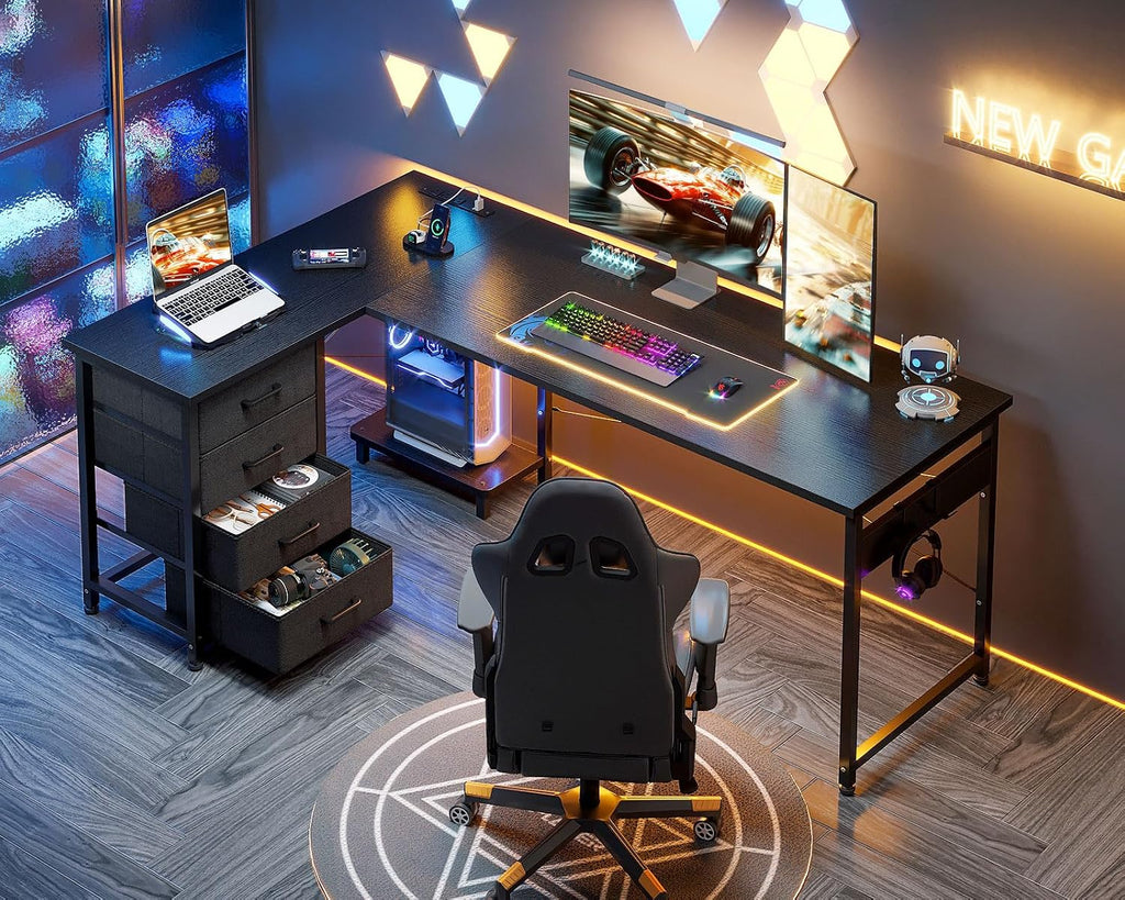 AODK L Shaped Gaming Desk with 4 Drawers, 61' Reversible Home Office Desks with Power Outlets, L Shaped Computer Desk with USB Charging Port and Host Stand, Corner Desk, Easy to Assemble, Black