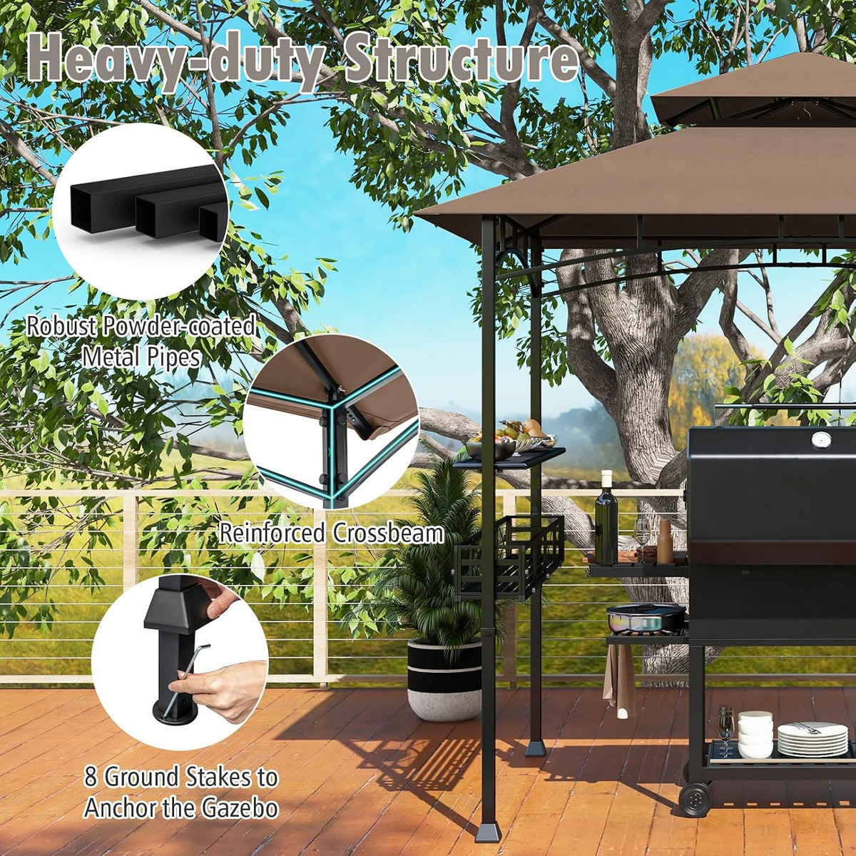 Tangkula 8x5 Ft Grill Gazebo, 2-Tier Barbecue Gazebo with 2 Shelves, 20 Hanging Hooks, Bottle Opener & Storage Basket, Outdoor Grill Canopy for Backyard Garden Poolside (Coffee)