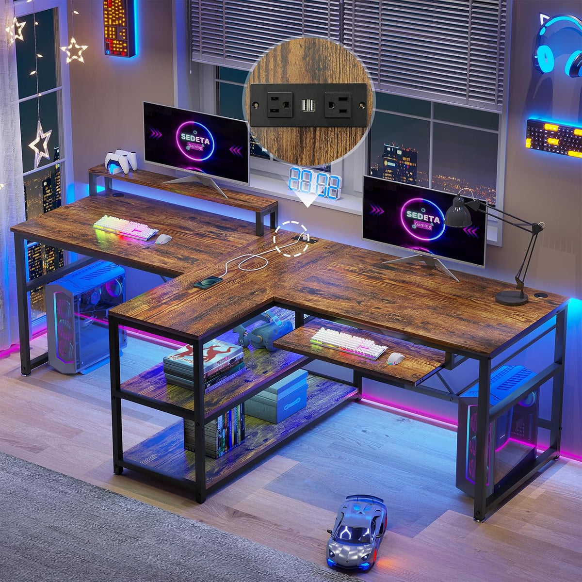 SEDETA 94.5' Home Office Desks, Computer Gaming Desk with Storage, LED Lights, Power Strip with USB, Keyboard Tray & Monitor Stand, Extra Long Double Desk for 2 Person, Rustic Brown
