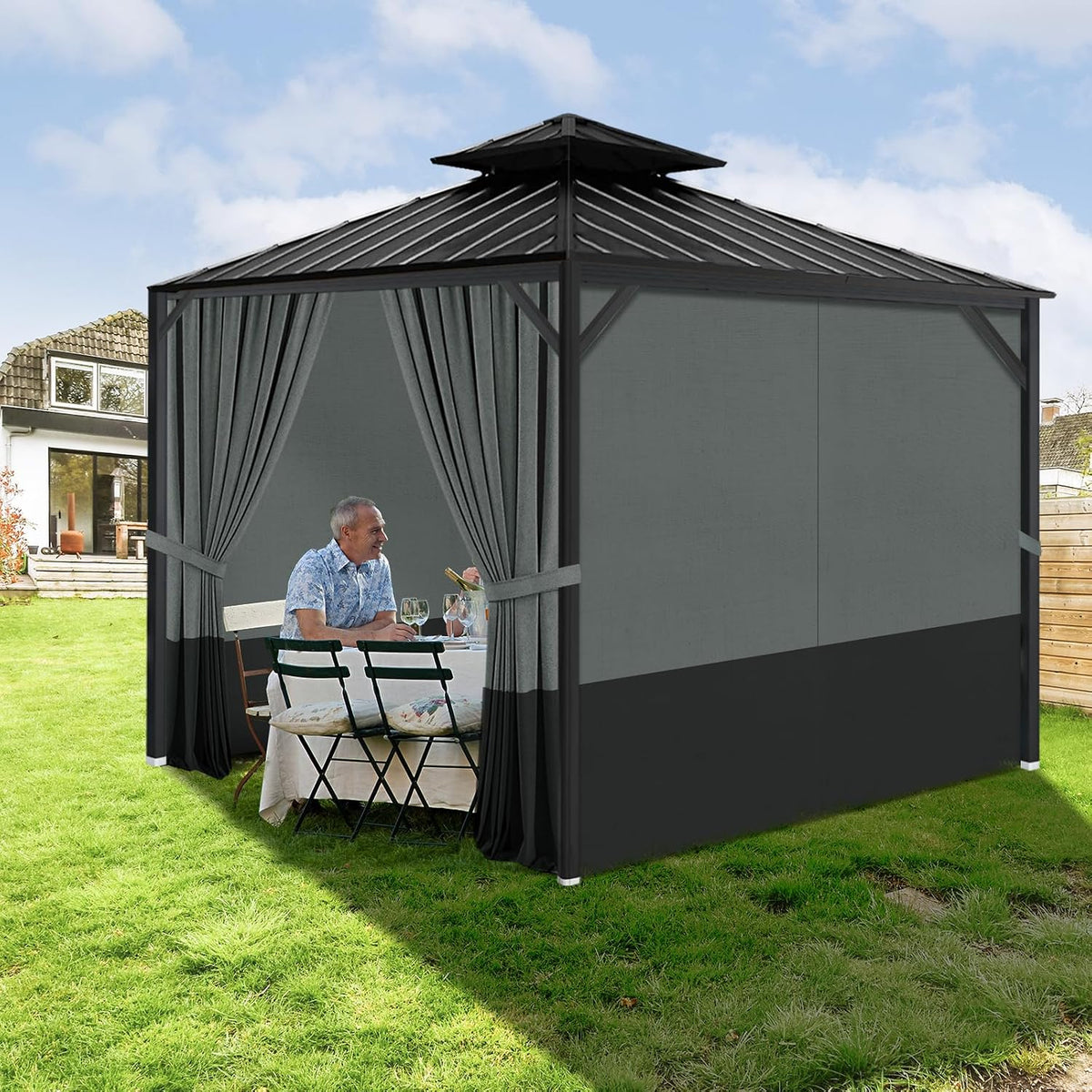 Gazebo Privacy Curtains 12 x 14' with Zipper 4-Panels Side Wall Universal Replacement for Patio, Outdoor Canopy, Garden and Backyard Gray and Black (Curtain Only)
