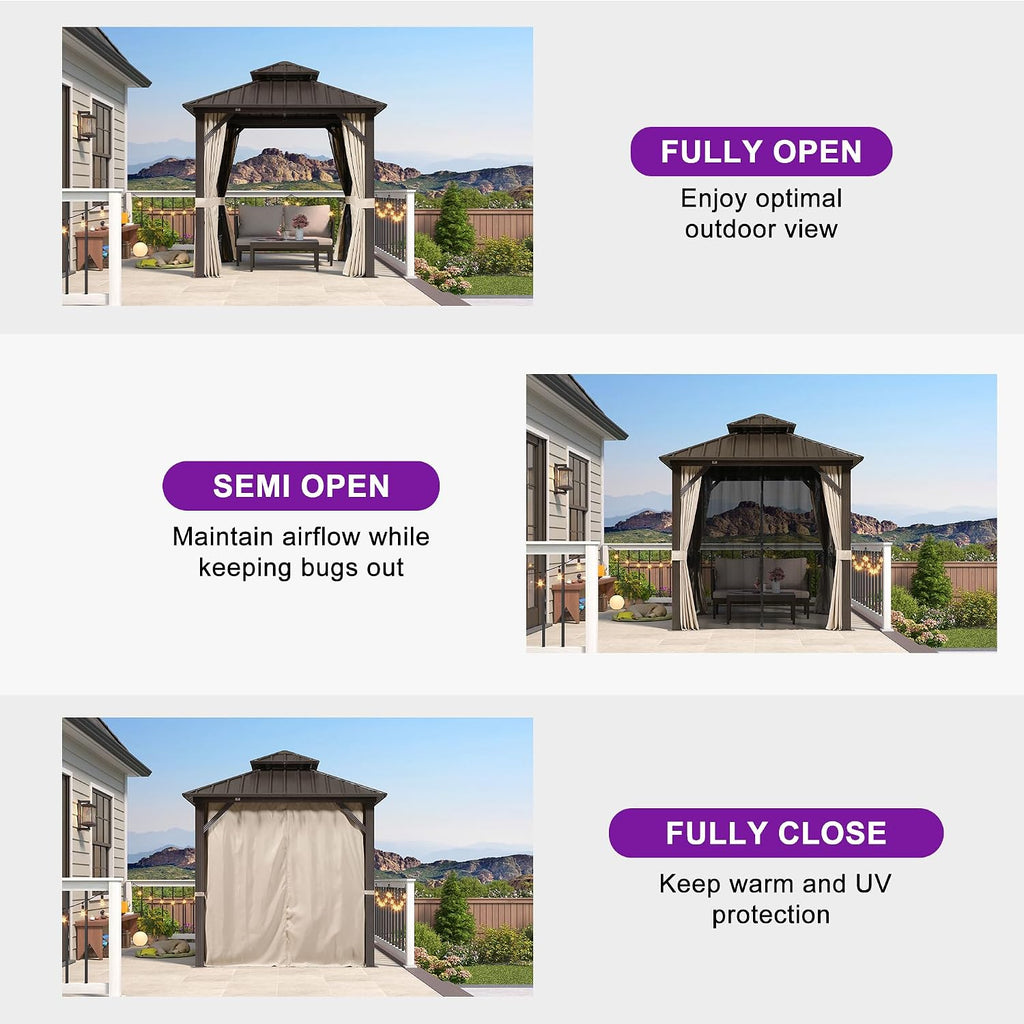 PURPLE LEAF 8' X 8' Outdoor Hardtop Gazebo Metal Frame Galvanized Steel Double Roof with Curtains and Nettings for Patio Desk Backyard Bronze