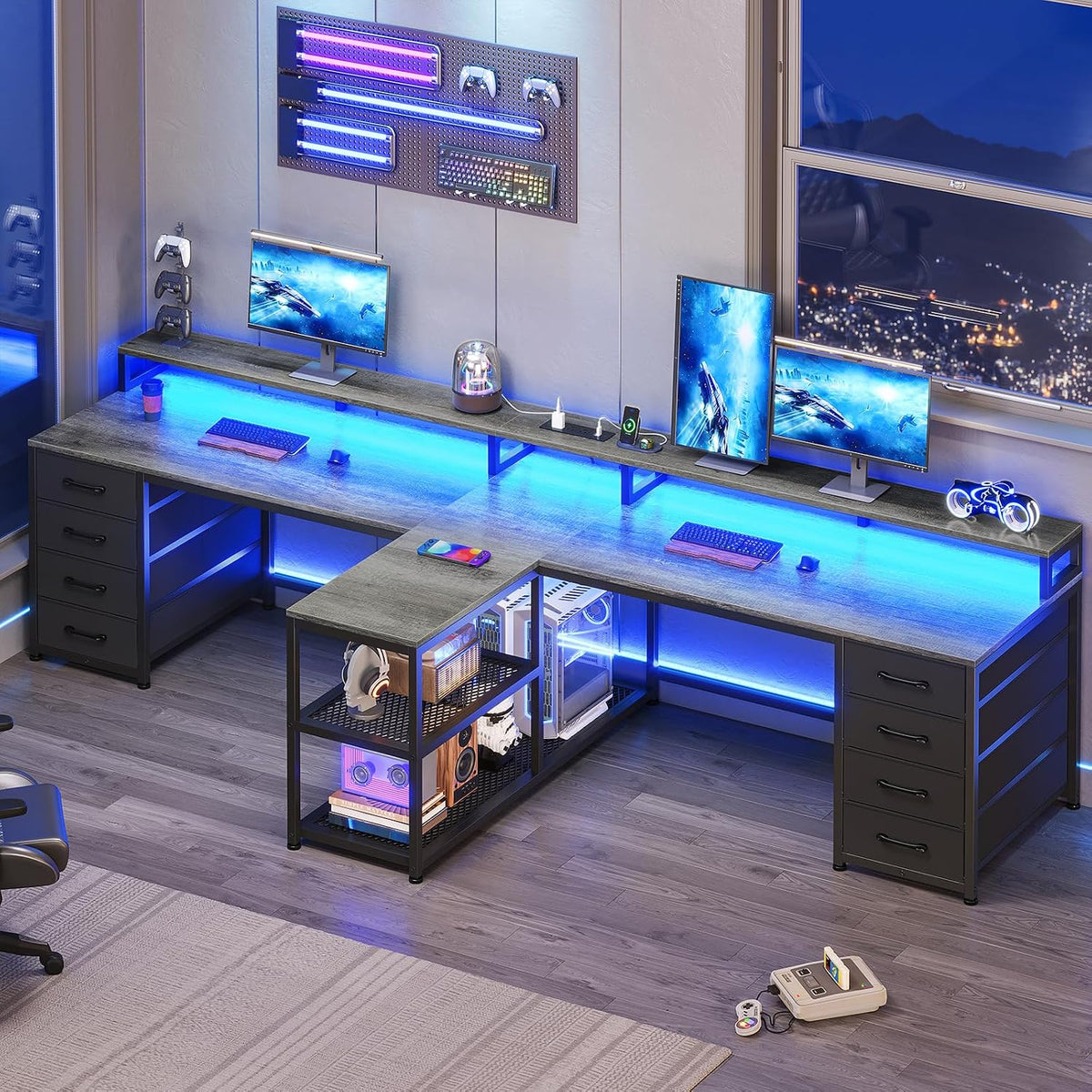 SEDETA 94.5' 2 Person Gaming Desk, Long Office Computer Desk with 8 Drawers & LED Lights, Two Person Desk with Storage, Power Strip & Monitor Stand for Home Office, Grey
