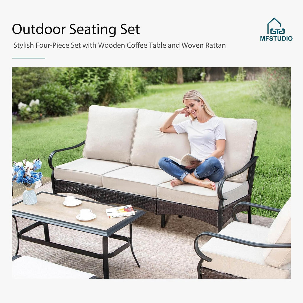 MFSTUDIO 8 PCS Outdoor Patio Furniture Set, Metal Outdoor Conversation Set, Rattan Wicker Patio Sectional, 2 x Fixed and Rocking Sofa, 3-Seat Sofa, 2 x Ottoman, 1 x Fire Pit Table, Beige