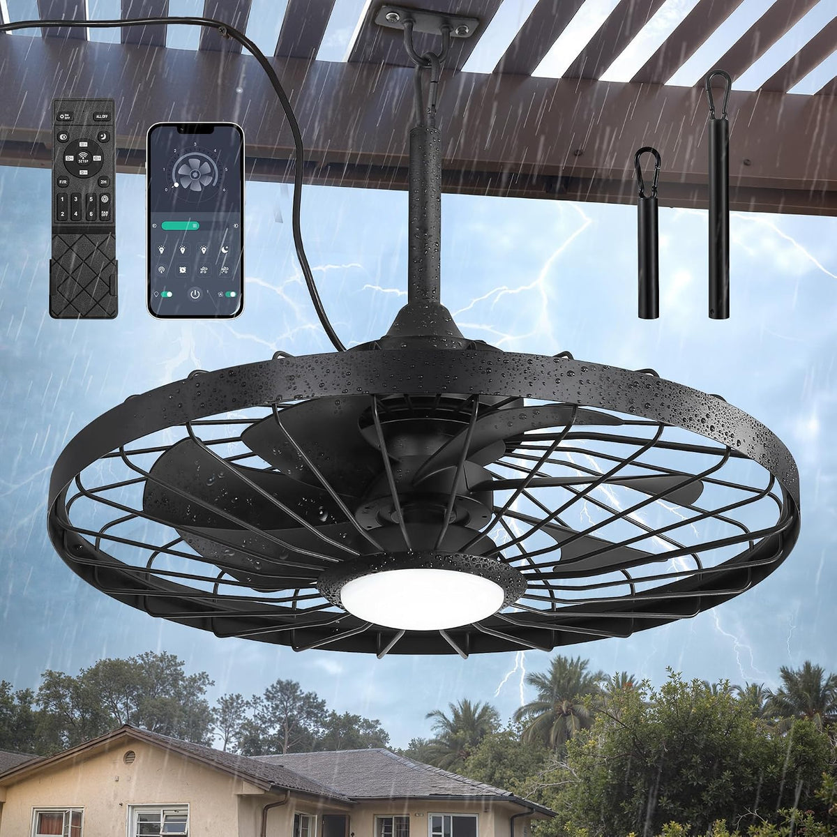 LEDIARY 24' Outdoor Ceiling Fan with Lights,IP65 Waterproof Gazebo Hanging Fan with Remote Control Smart App, Plug in Caged Ceiling Fan with 3CCT 6-Speeds for Patio Porch Pergola(Black)