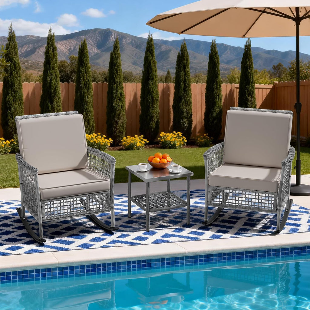 DECMICO 3 Pcs Outdoor Rocking Chair, Wicker Rocking Bistro Set with Washable Cushions, Rattan Rocking Chairs with Multi-Functional Table, Outdoor Wicker Chair for Backyard Garden Porch Poolside