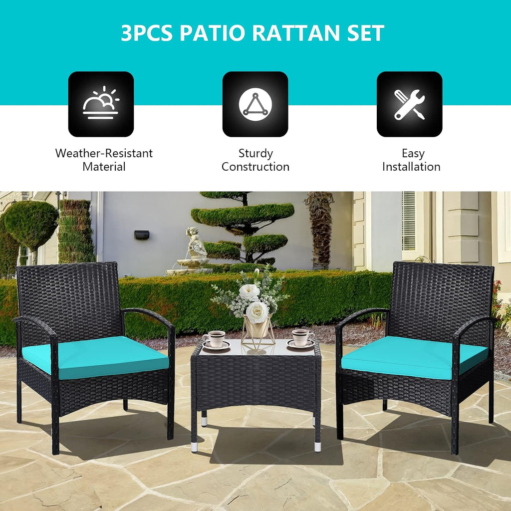 RELAX4LIFE 3-Piece Patio Furniture Set - Rattan Conversation Set, Wicker Bistro Set w/2 Chairs, Glass Coffee Table, Steel Frame, Outdoor Chairs Set for Yard Balcony, Front Porch Furniture (Turquoise)