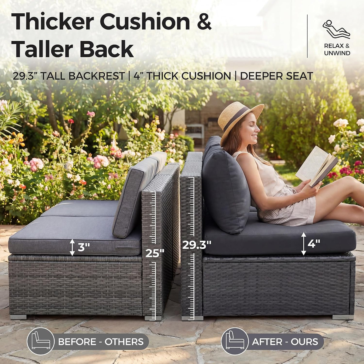 NICESOUL 13 Piece Patio Furniture Set with Fire Pit, 29.3'' High Back Outdoor Patio Set with Fire Pit & Chaise Lounge, Large Modular Outdoor Grey Wicker Sofa 500 lbs Heavy Duty for Deck, Pool