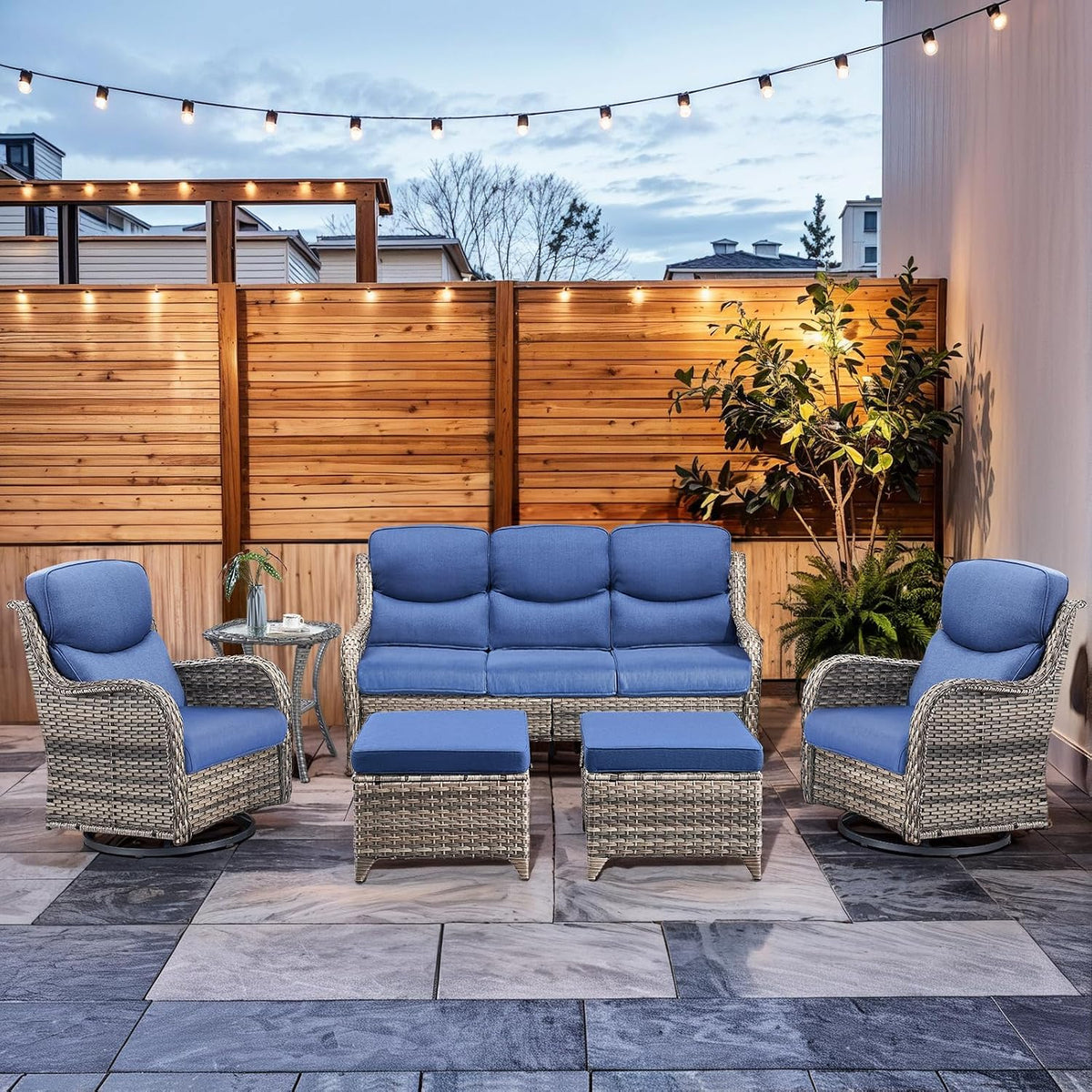 HUMMUH 6-Piece Outdoor Wicker Patio Furniture Set with Swivel Glider Chairs, 3-Seat Sofa & Ottomans 5' Olefin Cushions Ergonomic Neck-Lumbar Backrest All-Weather Rattan for Garden, Deck, Porch