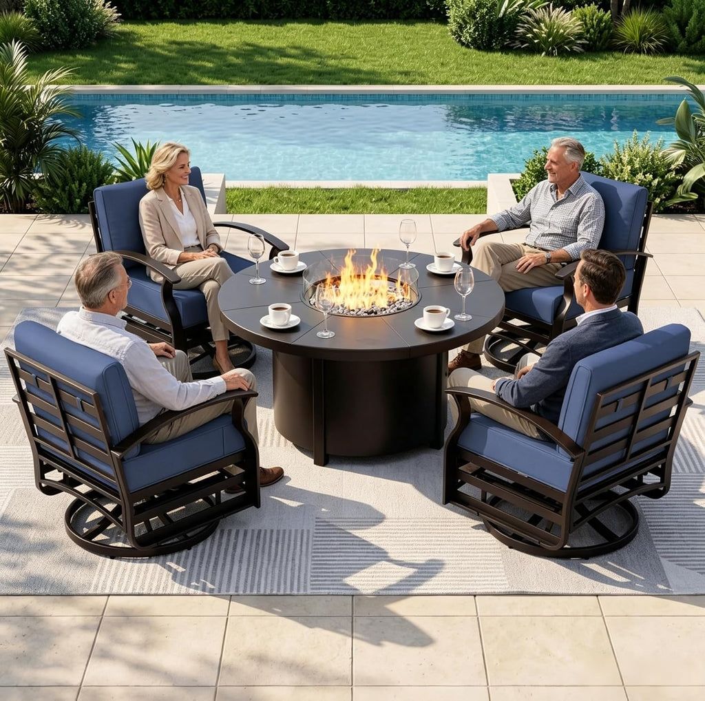 Aluminum Outdoor Patio Furniture Set,5 Pieces 4 Seats Patio Conversation Sets with 48' Round Propane Fire Pit Table,Metal Furniture Set with Thick Cushion,Navy Blue