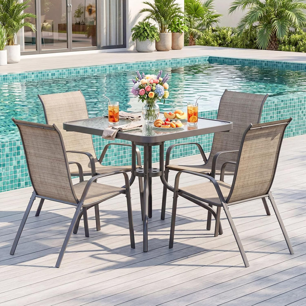 TLSUNNY Patio Dining Set 5 Pieces, All Weather Outdoor Furniture W/30'X 30' Table and 4 Stackable Textilene Chairs, Metal Table and Chairs for Lawn, Garden, Poolside, Backyard (Umbrella not Included)