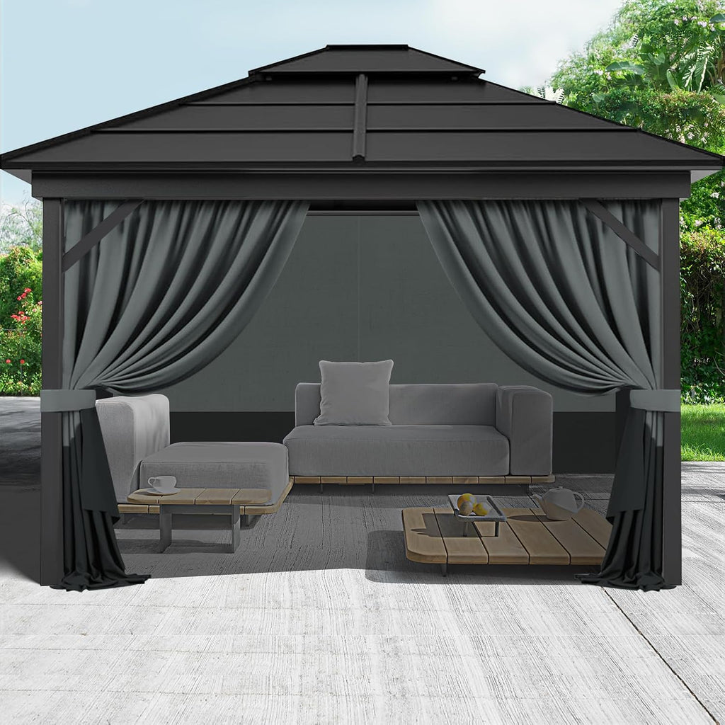 Gazebo Privacy Curtains 12 x 14' with Zipper 4-Panels Side Wall Universal Replacement for Patio, Outdoor Canopy, Garden and Backyard Gray and Black (Curtain Only)