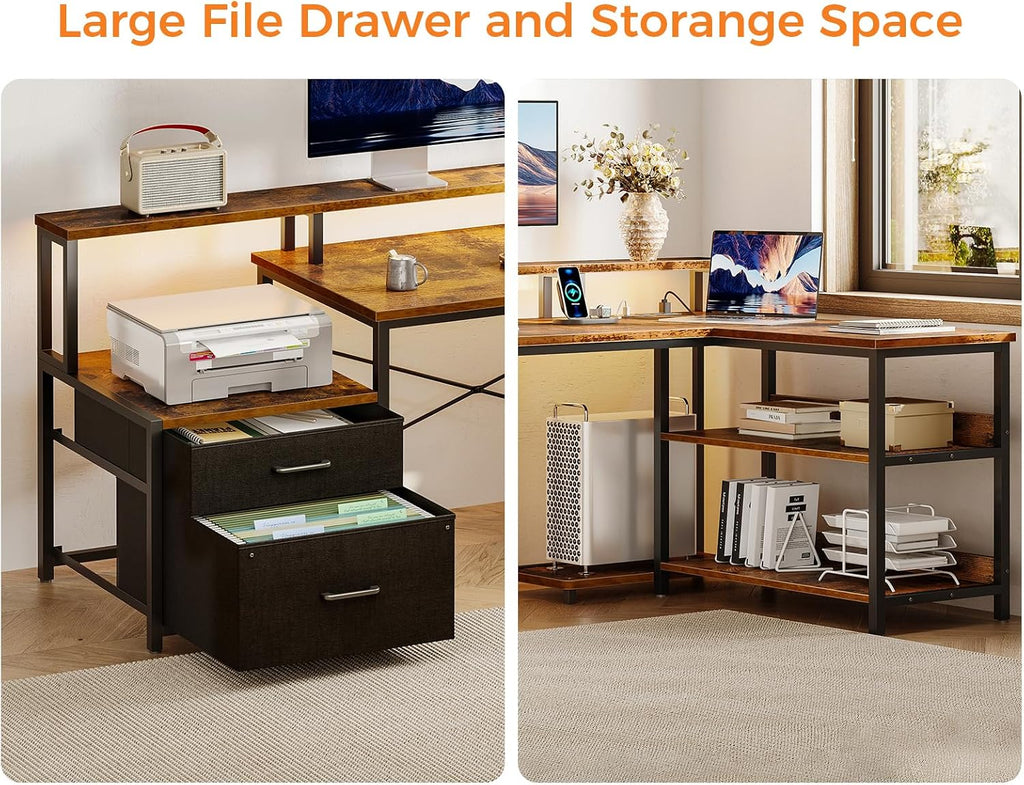 ODK L Shaped Desk with File Drawer, 66' Reversible L Shaped Computer Desk with Power Outlet & LED Strip, Office Desk with Storage Shelves, Gaming Desk with Monitor Shelf, Corner Desk, Vintage