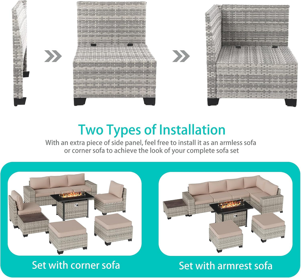9-Piece Outdoor Patio Furniture Set with 55,000 BTU Fire Pit Table, PE Wicker Rattan Sectional Sofa Patio Conversation Set with Ottomans & Coffee Table, Sand