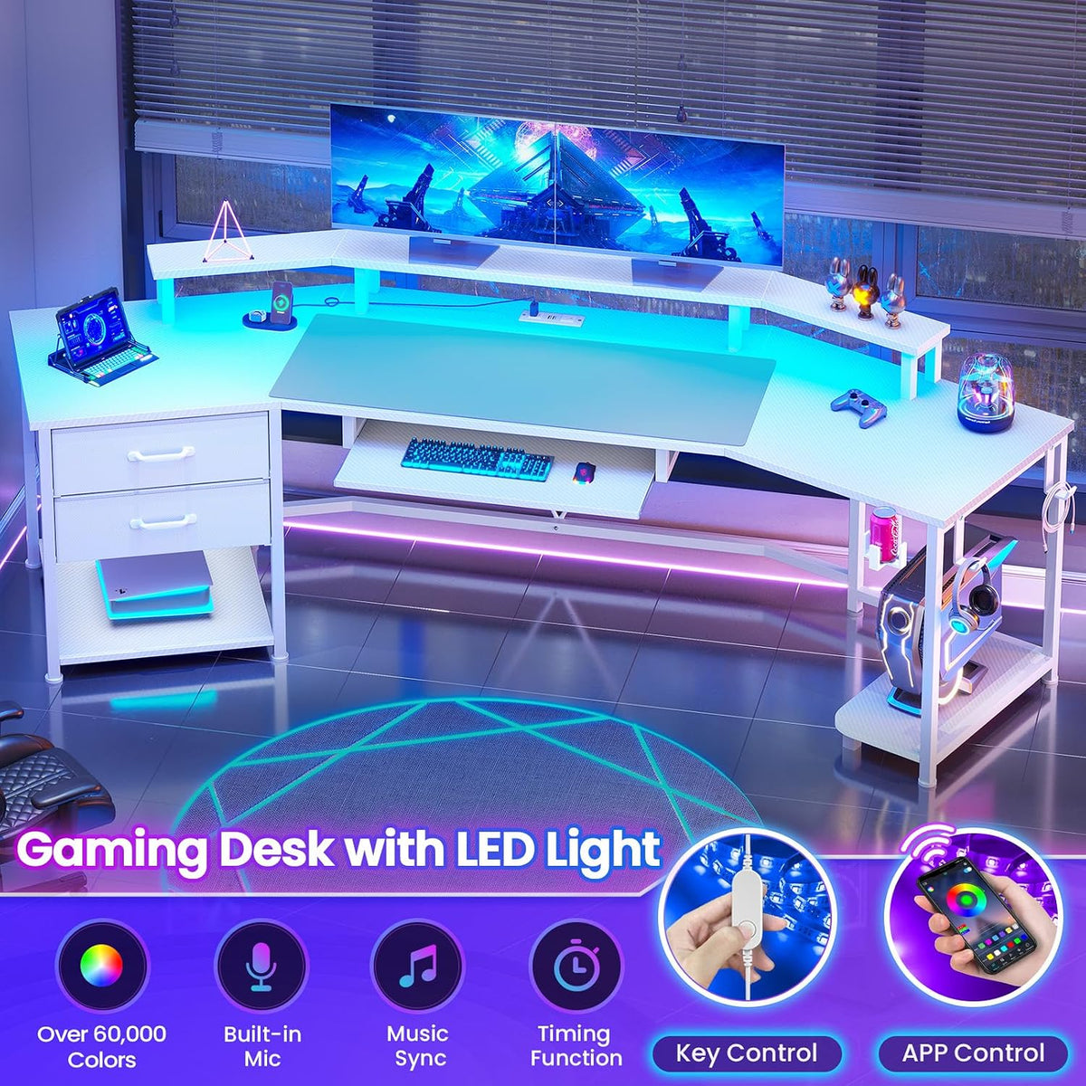 Itaar 79' Gaming Desk with 2 Fabric Drawers, Long Computer Desk with Power Strip & LED Lights, U Shaped Desk with Storage and Cup Holder, Large Gaming Table for Bedroom, Carbon Fiber White