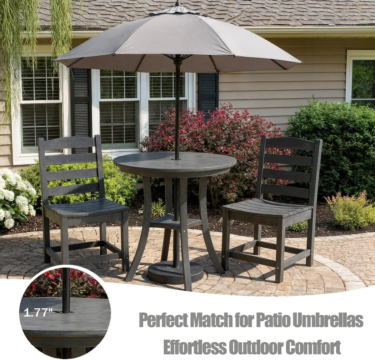 3 Piece Outdoor Patio Bistro Set with Umbrella Hole, HDPE Round Coffee Table and Porch Chairs Set of 2, Outdoor Patio Furniture Set with Bistro Table and Chairs for Balcony Garden Deck, Charcoal Gray