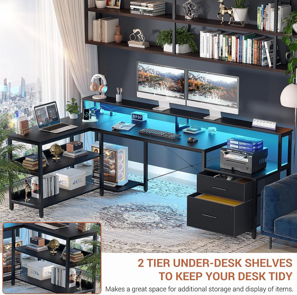 Aheaplus L Shaped Desk with File Drawer, 72.8' Reversible L Shaped Computer Desk with Power Outlet & LED Strip, Gaming Desks with Long Monitor Stand, Corner Office Desks with Storage Shelf, Black