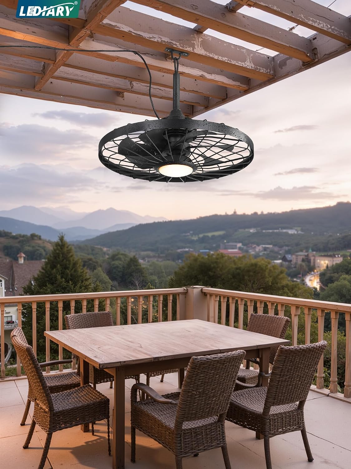 LEDIARY 24' Outdoor Ceiling Fan with Lights,IP65 Waterproof Gazebo Hanging Fan with Remote Control Smart App, Plug in Caged Ceiling Fan with 3CCT 6-Speeds for Patio Porch Pergola(Black)