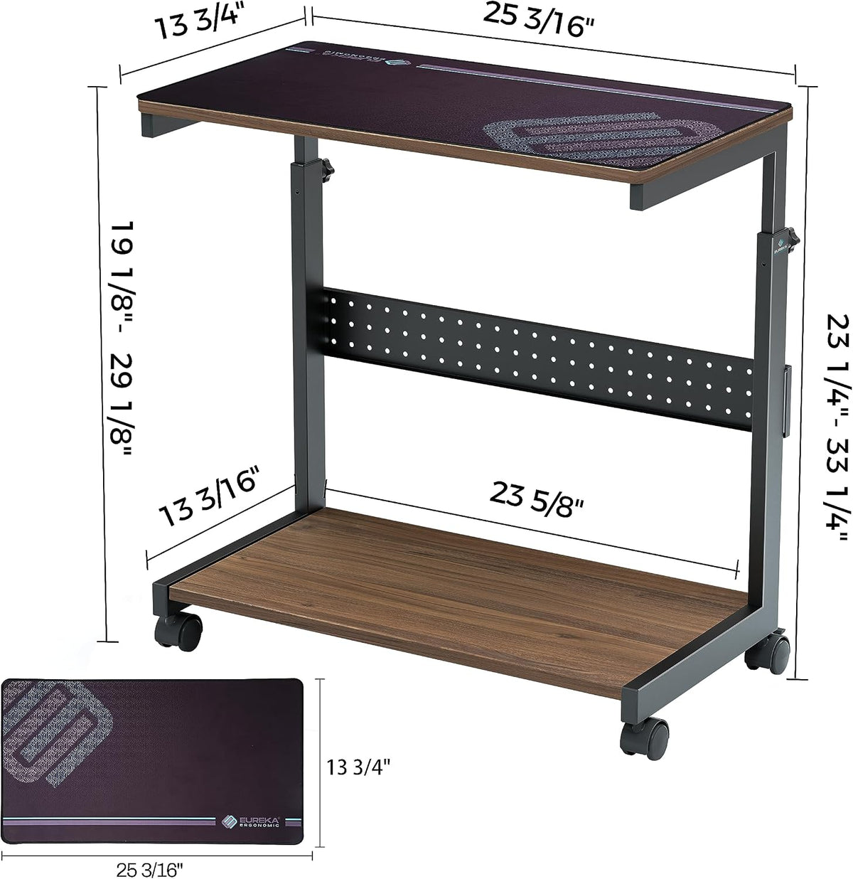 EUREKA ERGONOMIC PC Stand Computer Cart, Height Adjustable Tower Stand 2-Tier Suit for ATX Case Printer, Metal Rolling Cart on Wheels for Gaming Home Office, Walnut