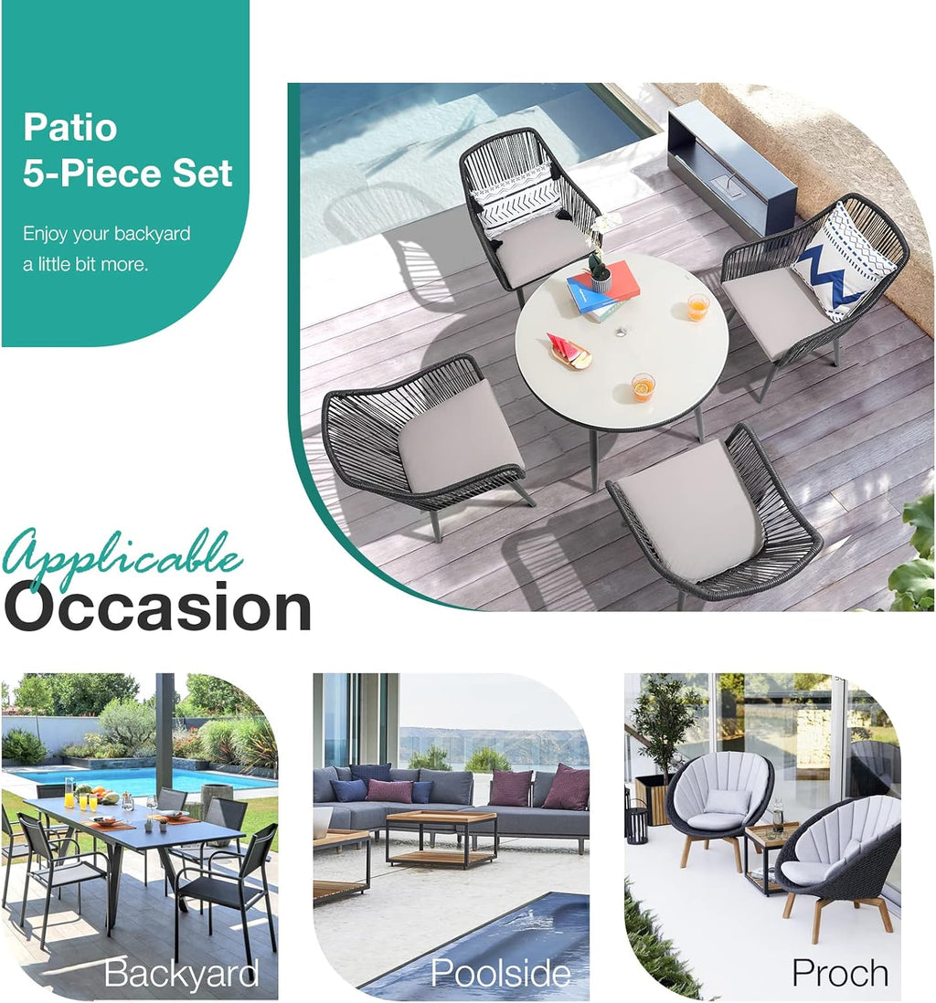 Patiorama 5-Piece Patio Dining Set, Outdoor Dining Table Chair Set, All-Weather Twisted Rattan Wicker Rope Conversation Set, Patio Furniture Set w/Umbrella Hole, 4 Cushioned Chairs&Glass Table(Black)