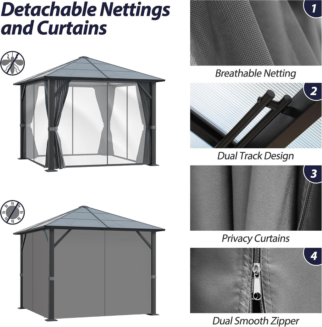 9.7 x 9.7FT Gazebo Hardtop, Outdoor Patio Gazebos with Polycarbonate Roof & Steel Frame, Outdoor Pavilion with Gray Curtain&Netting for Backyard/Lawn/Garden/Deck