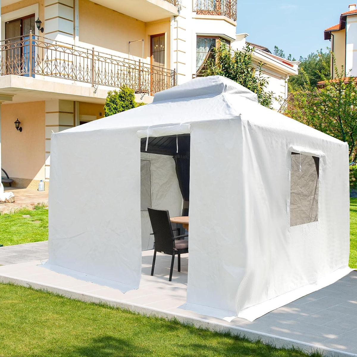 8x8 FT Outdoor Gazebo Cover for Hardtop Gazebo, Universal Winter Gazebos Cover with Sidewalls and Mesh Windows, All-Season Used -White (Gazebos Not Included)