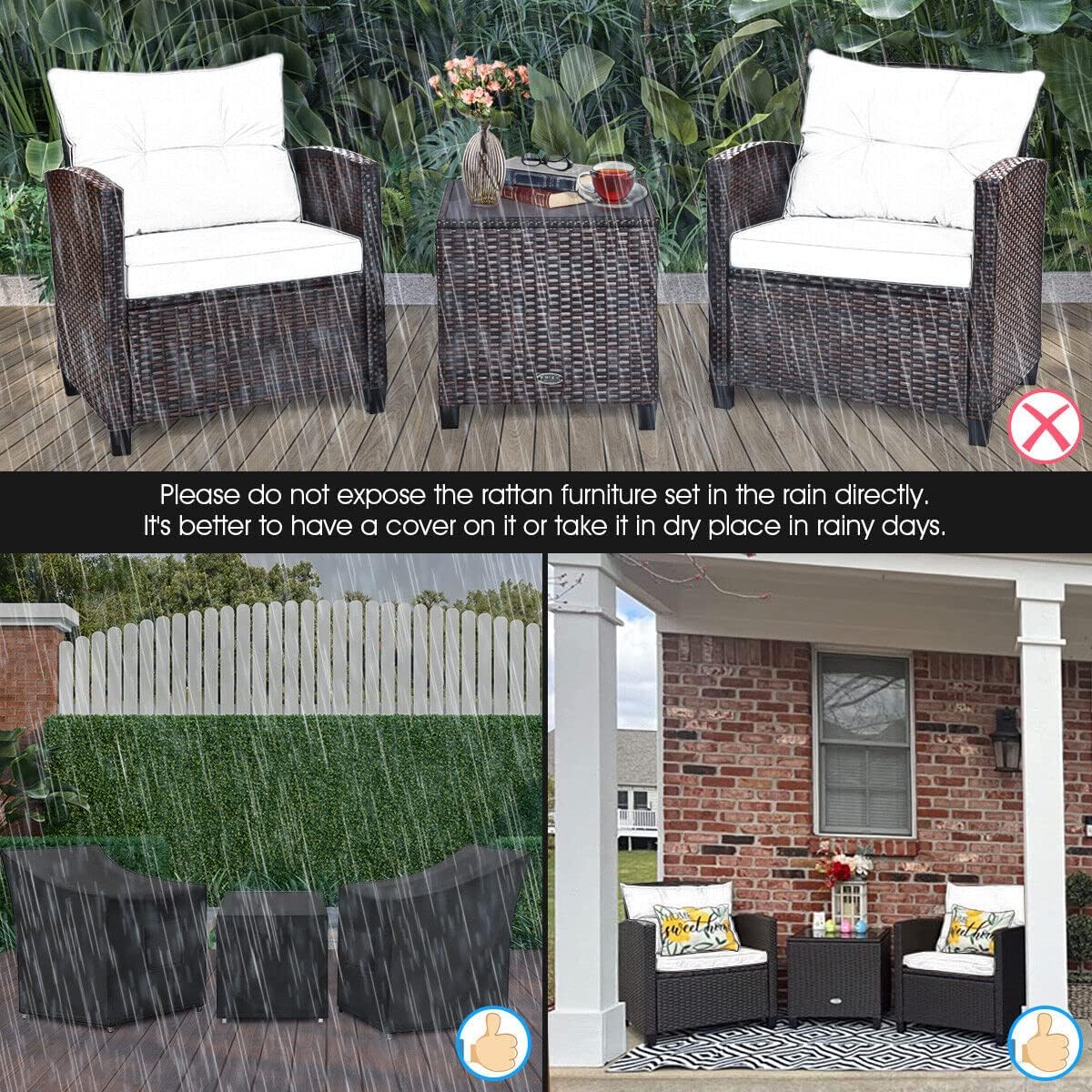 HAPPYGRILL 3 Pieces Patio Conversation Set, Outdoor Furniture Set PE Rattan Sofa Set with Removable Cushions, PE Wicker Chairs with Tempered Glass Side Table for Porch Lawn Garden Balcony Backyard