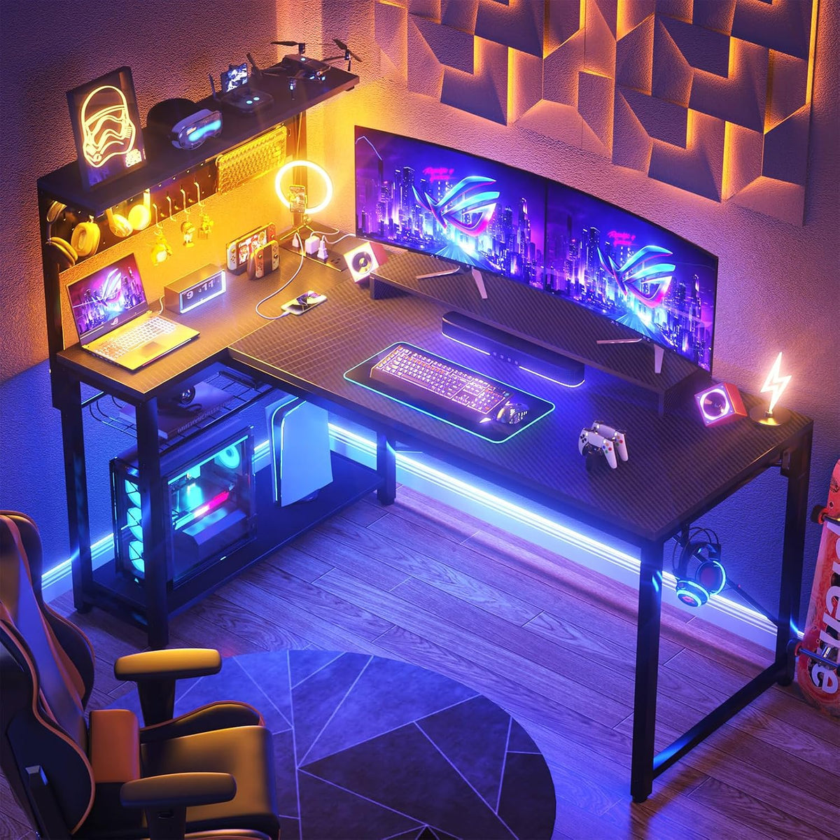 Homieasy Small Gaming Desk with Power Outlets Pegboard LED Light, 51 Inch L Shaped Computer Desk with Monitor Stand Storage Shelves, Reversible Corner Desk with Headset Hooks, Carbon Fiber Black